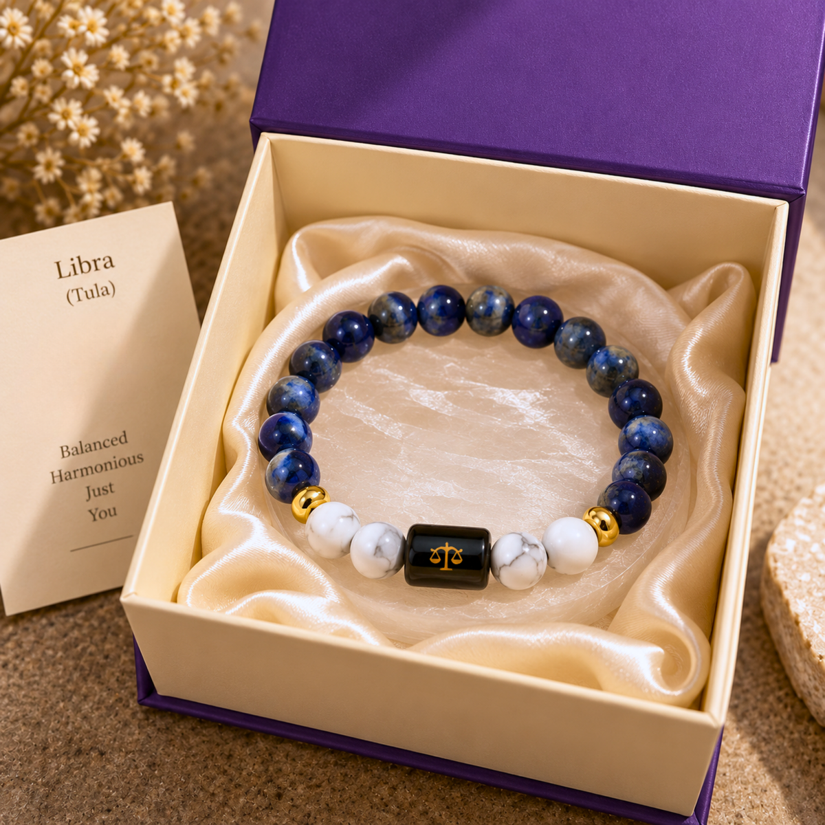 Libra Zodiac Crystal Bracelet - Lapis Lazuli and Howlite