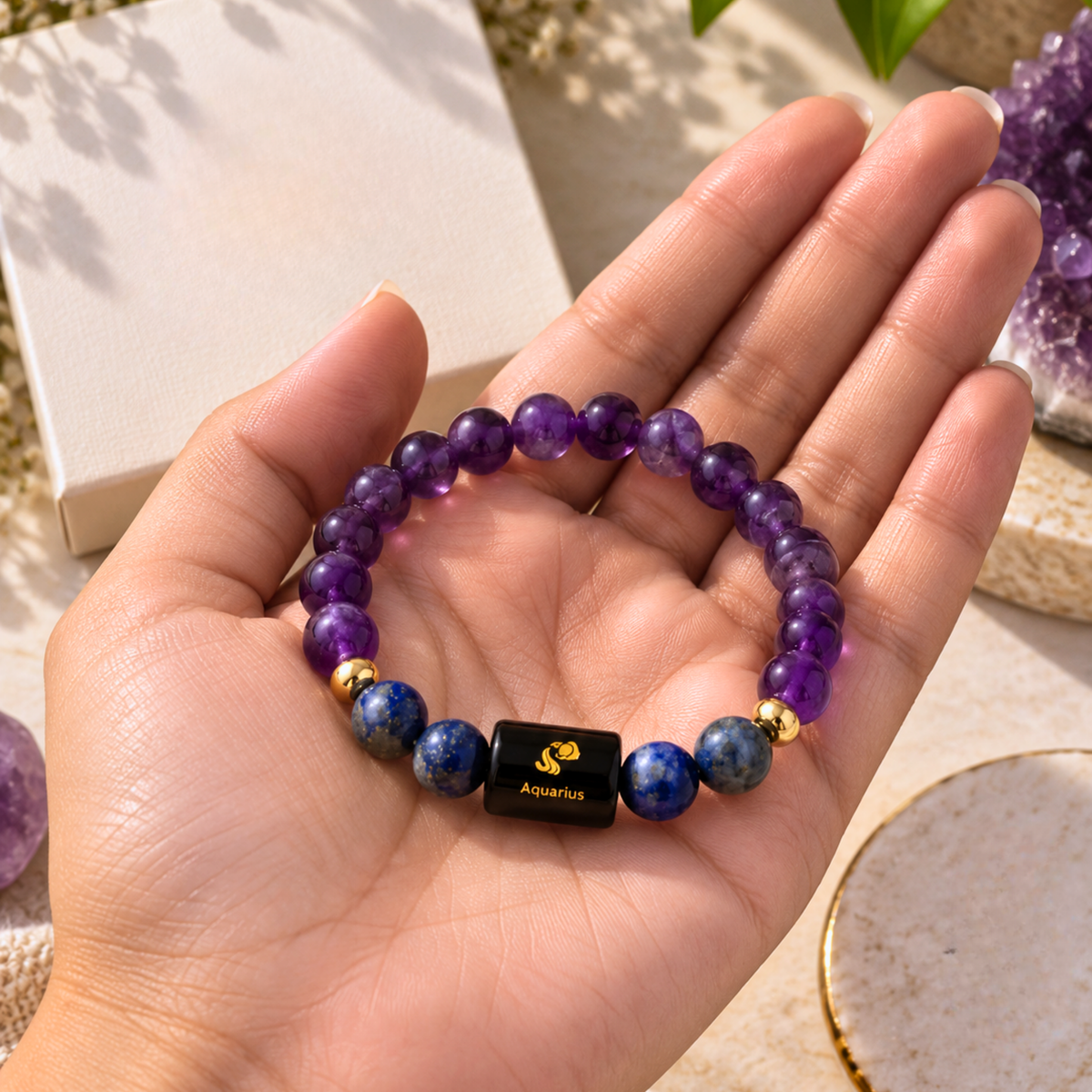 Aquarius Zodiac Crystal Bracelet - Amethyst and Lapis Lazuli