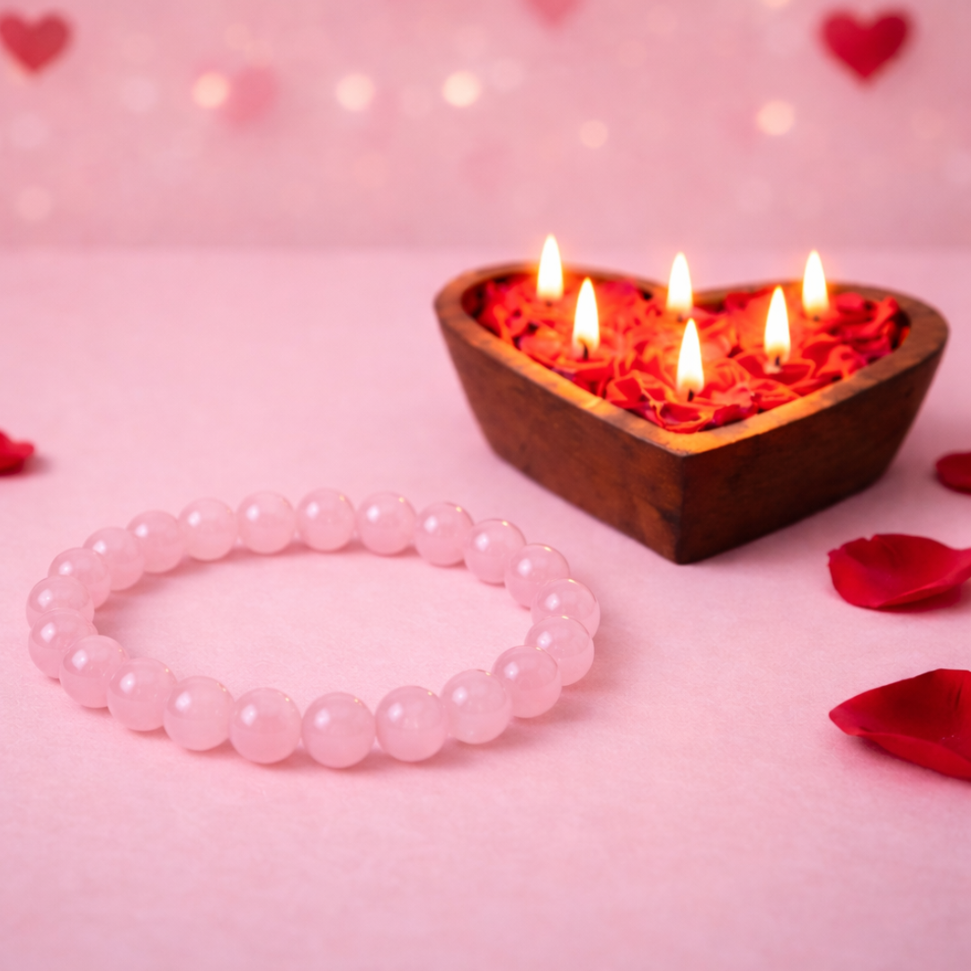 ROSE QUARTZ ROUND BEADED BRACELET AND HEARTFELT GLOW CANDLE GIFT COMBO image 4