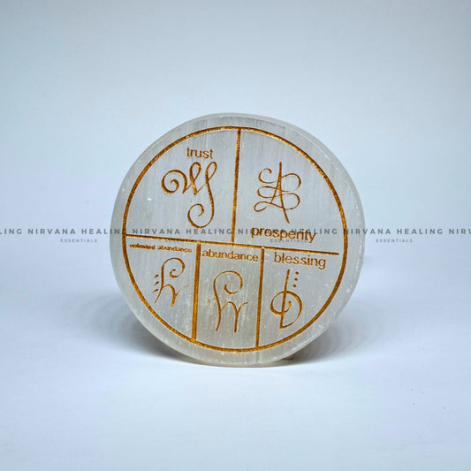 SELENITE ZIBU SYMBOLS ROUND CHARGING PLATE (Aura Cleansing ,Charging, Cleansing And Purification). image 1