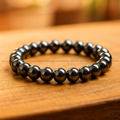 BLACK HEMATITE ROUND BEADED BRACELET (Grounding, Stability, Protection And Health) image 2