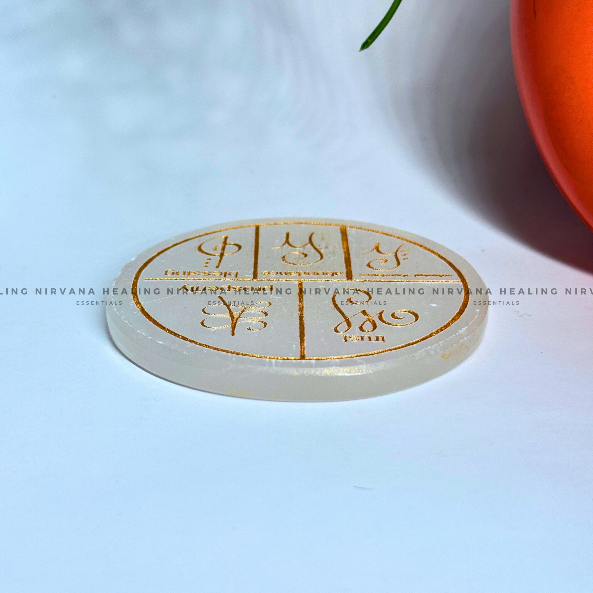 SELENITE  ZIBU SYMBOLS ROUND CHARGING PLATE (Aura Cleansing ,Charging, Cleansing And Purification). image 2