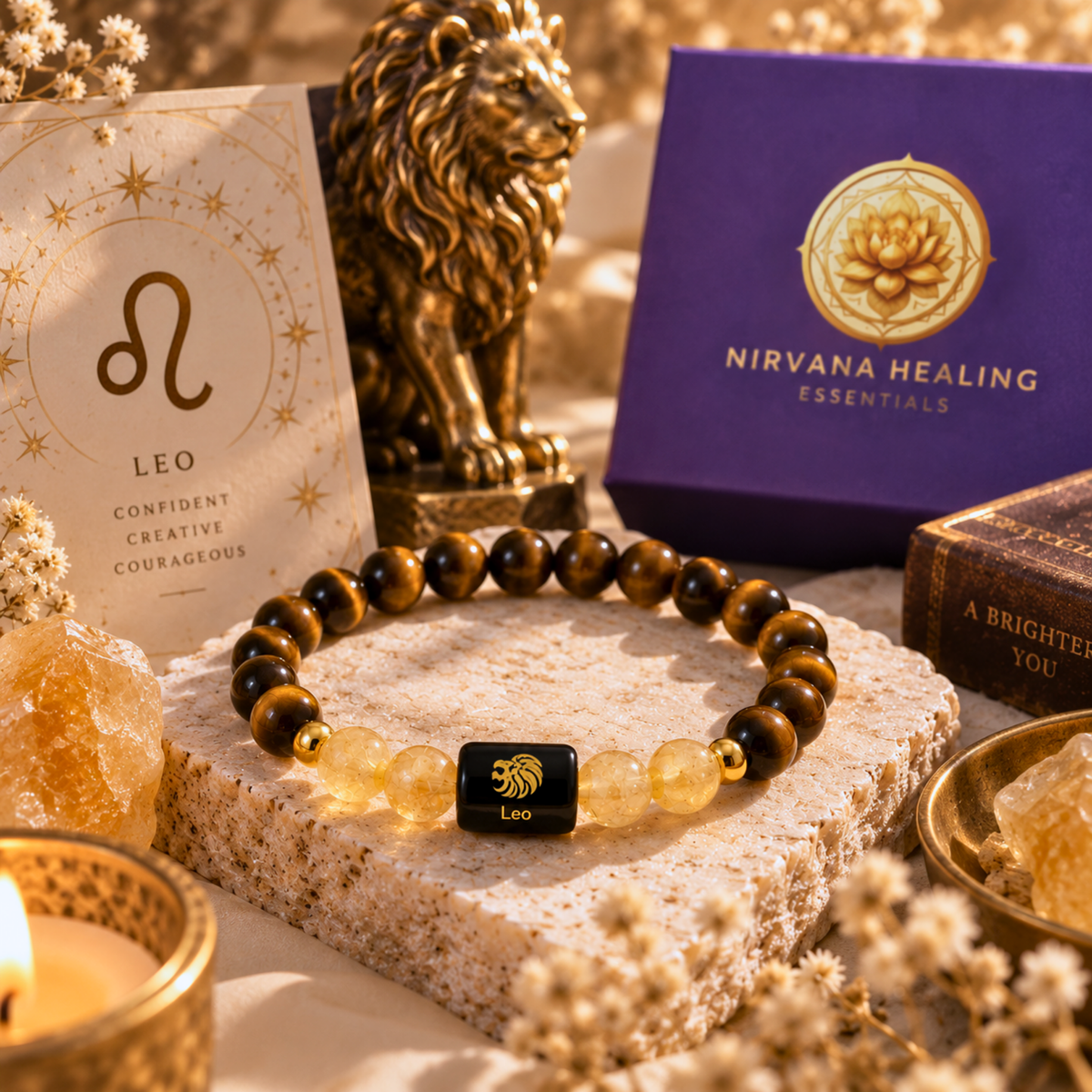 Leo Zodiac Crystal Bracelet - Tiger's Eye and Citrine