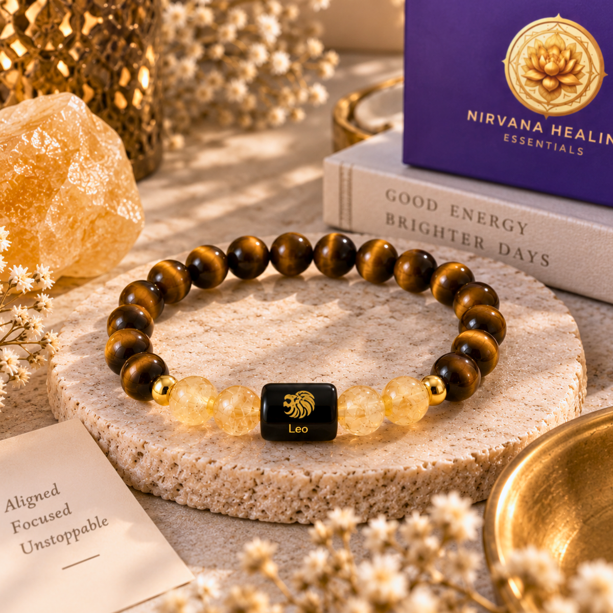 Leo Zodiac Crystal Bracelet - Tiger's Eye and Citrine