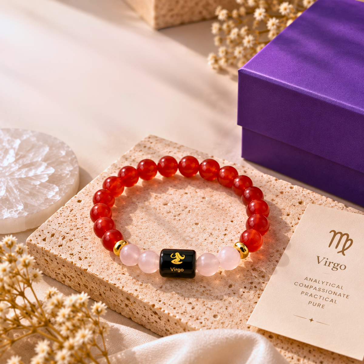 Virgo Zodiac Crystal Bracelet - Carnelian and Rose Quartz