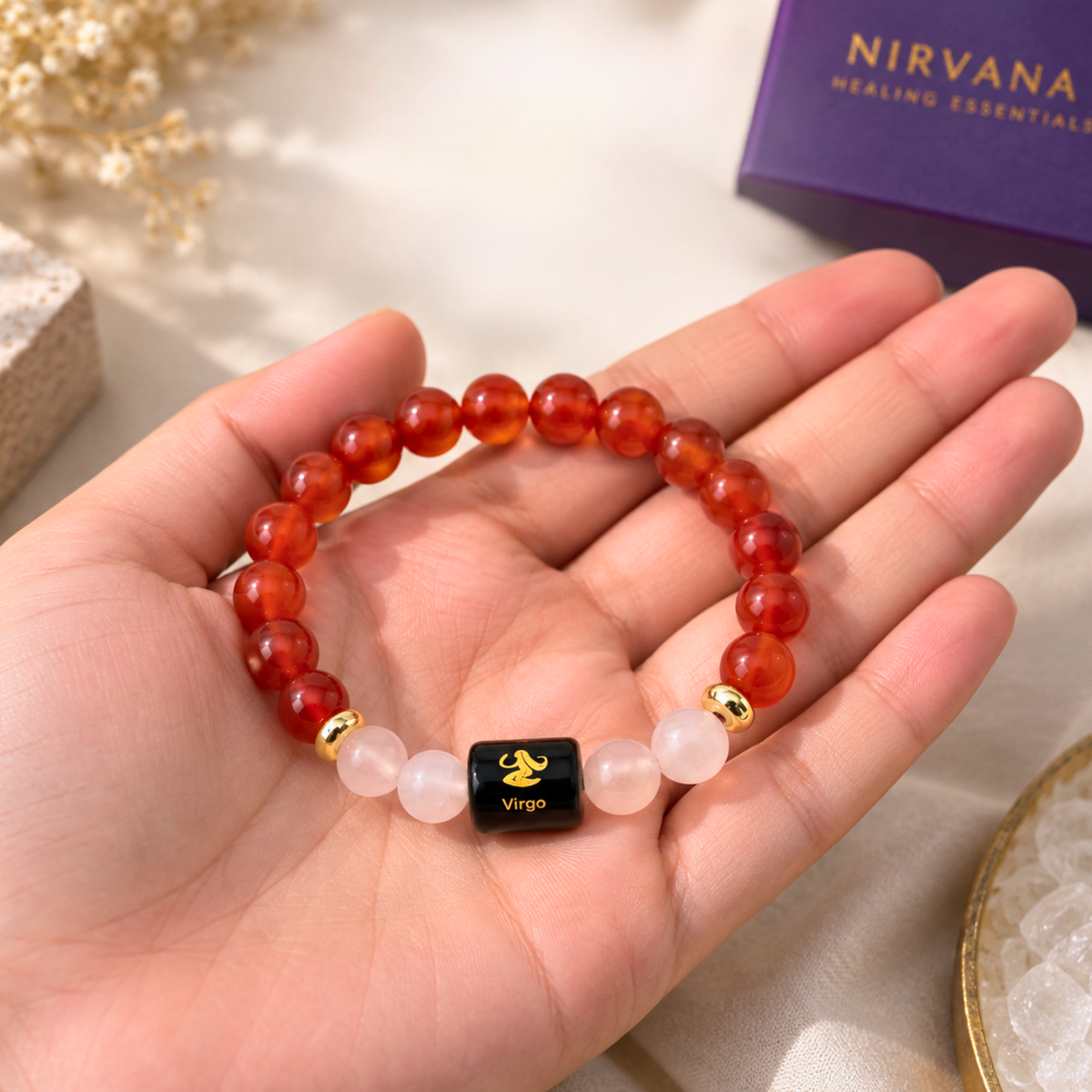 Virgo Zodiac Crystal Bracelet - Carnelian and Rose Quartz