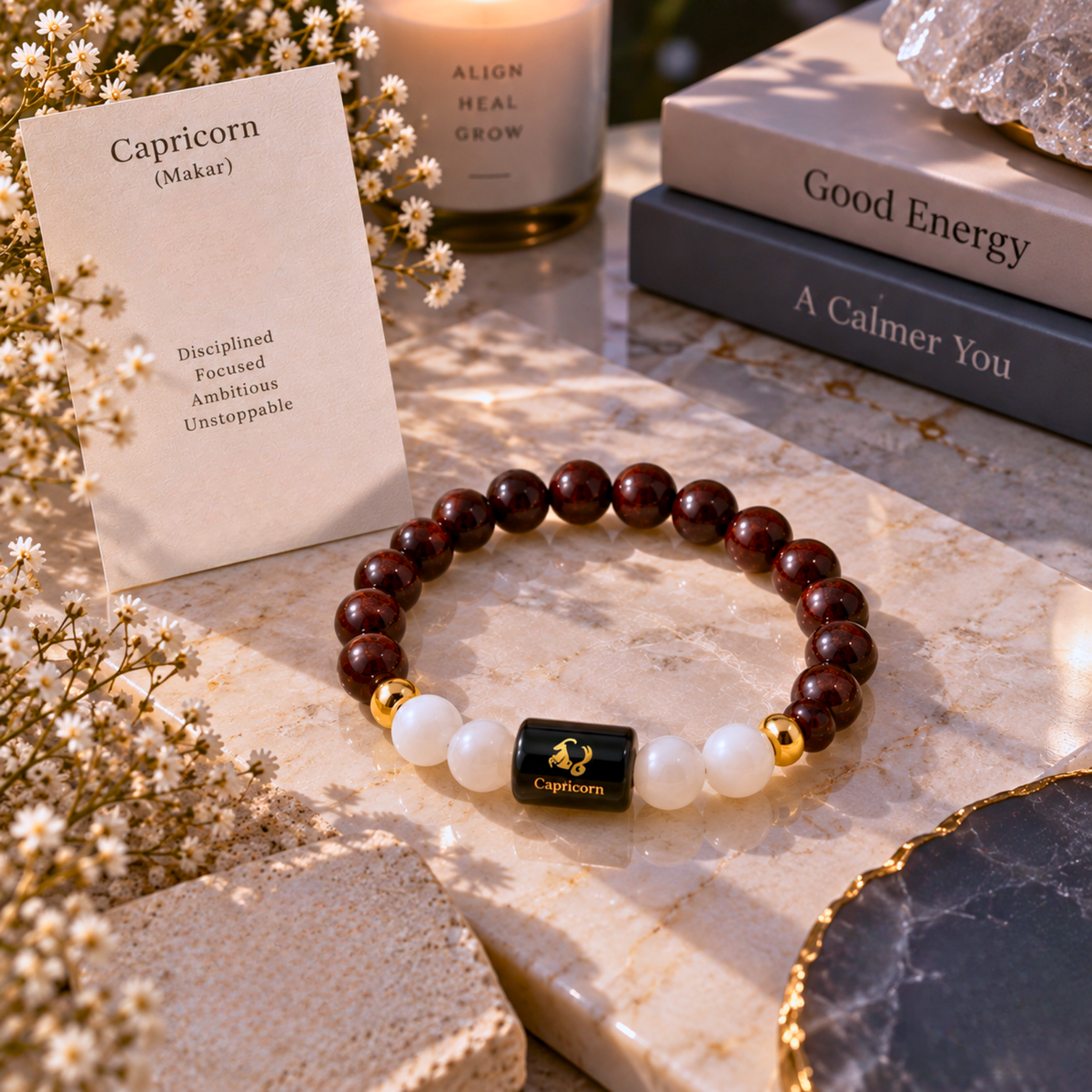 Capricorn Zodiac Crystal Bracelet - Garnet and Mother of Pearl