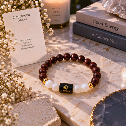 Capricorn Zodiac Crystal Bracelet - Garnet and Mother of Pearl