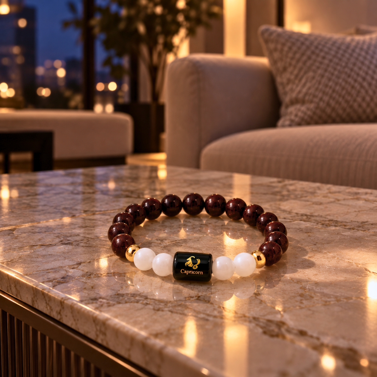 Capricorn Zodiac Crystal Bracelet - Garnet and Mother of Pearl