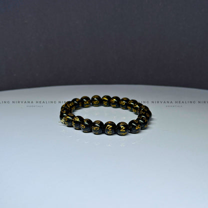 BLACK OM MANI PADME HUM ROUND BEADED BRACELET (Compassion, Protection, Spiritual Awakening) image 2