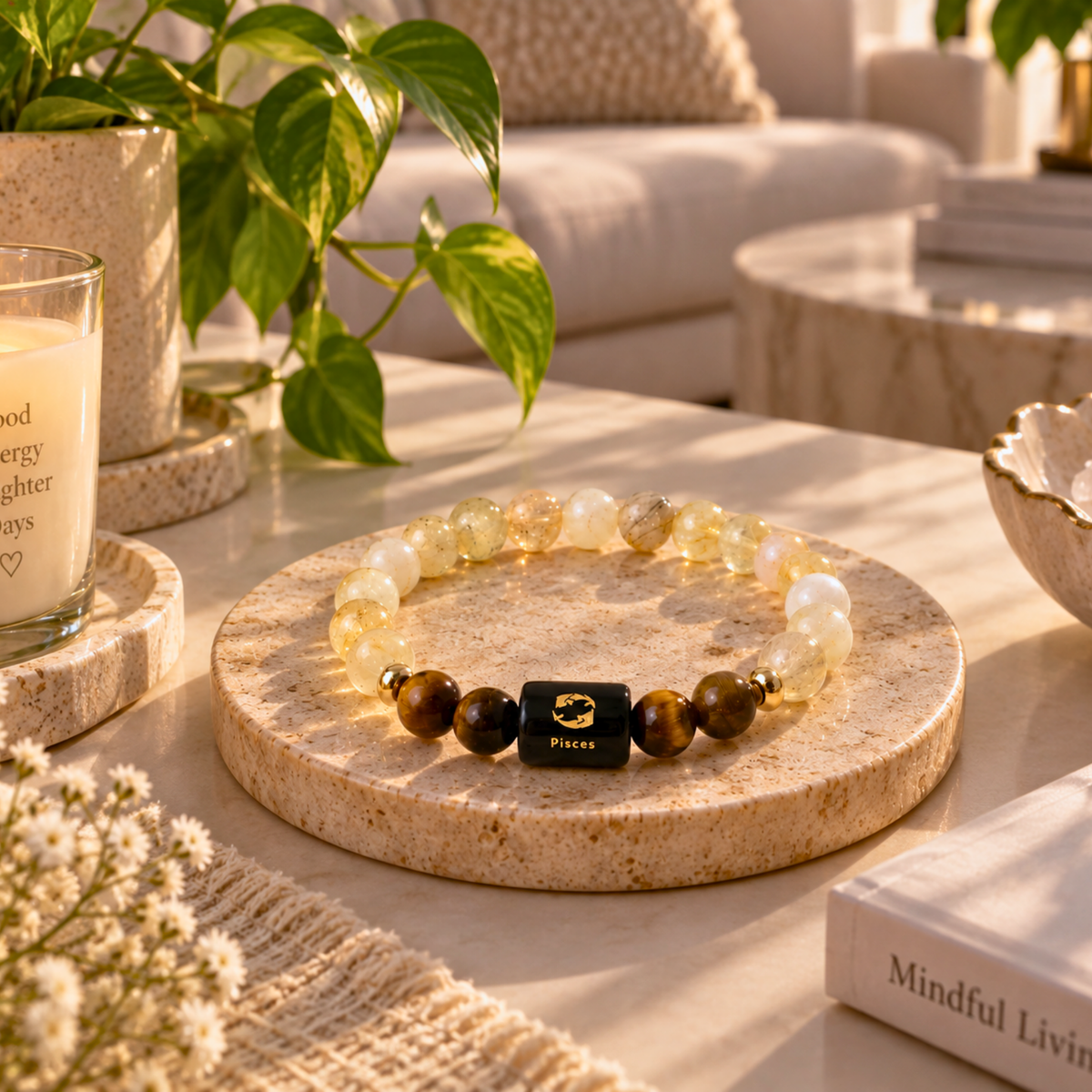 Pisces Zodiac Crystal Bracelet - Citrine and Tiger's Eye