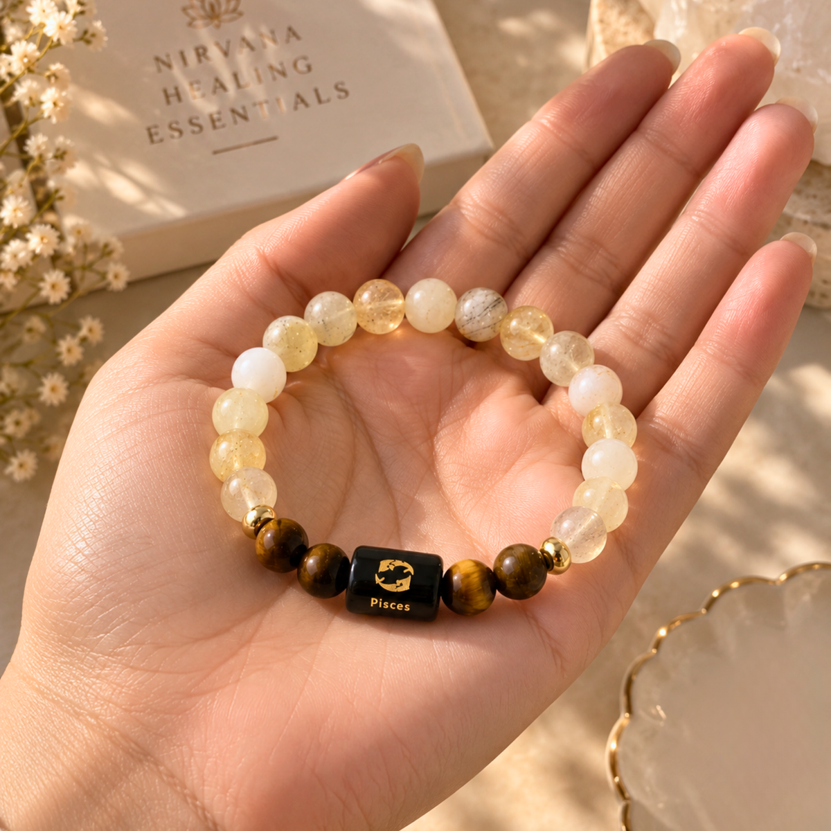 Pisces Zodiac Crystal Bracelet - Citrine and Tiger's Eye