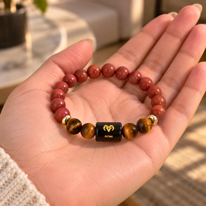 Aries Zodiac Crystal Bracelet - Red Jasper and Tiger's Eye