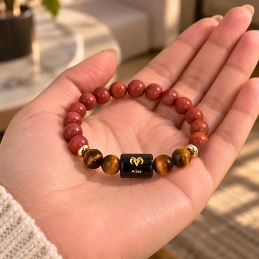 Aries Zodiac Crystal Bracelet - Red Jasper and Tiger's Eye