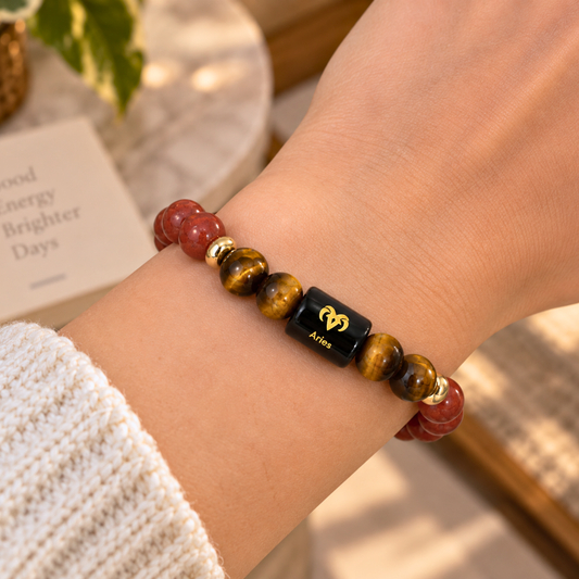 Aries Zodiac Crystal Bracelet - Red Jasper and Tiger's Eye