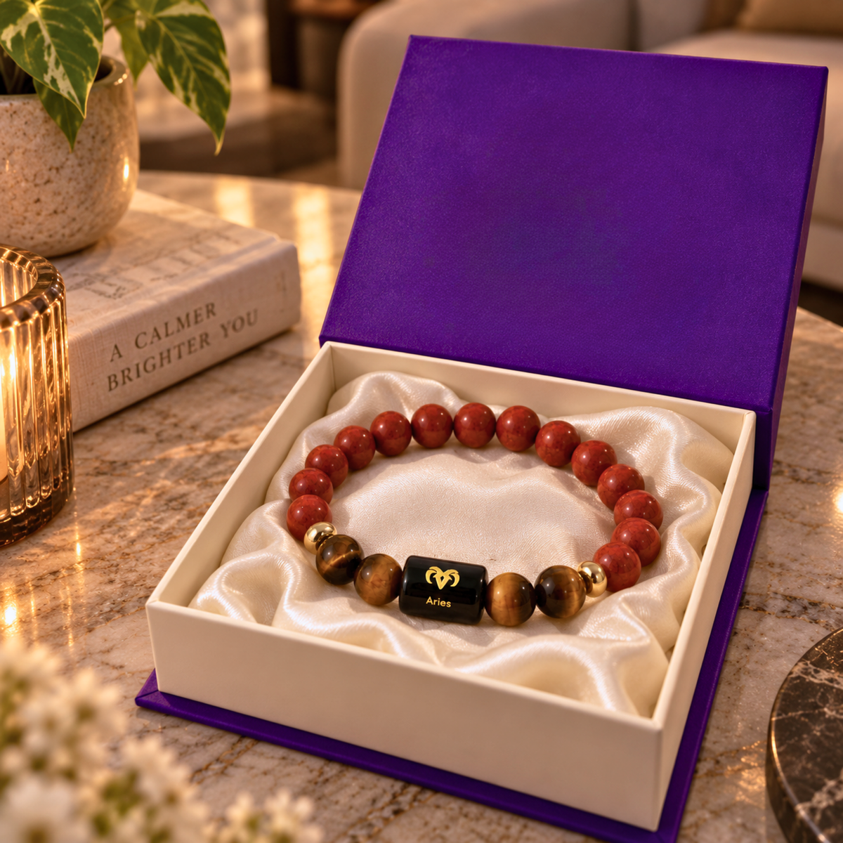 Aries Zodiac Crystal Bracelet - Red Jasper and Tiger's Eye