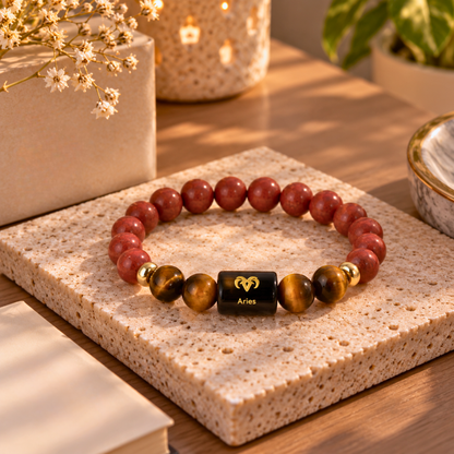 Aries Zodiac Crystal Bracelet - Red Jasper and Tiger's Eye