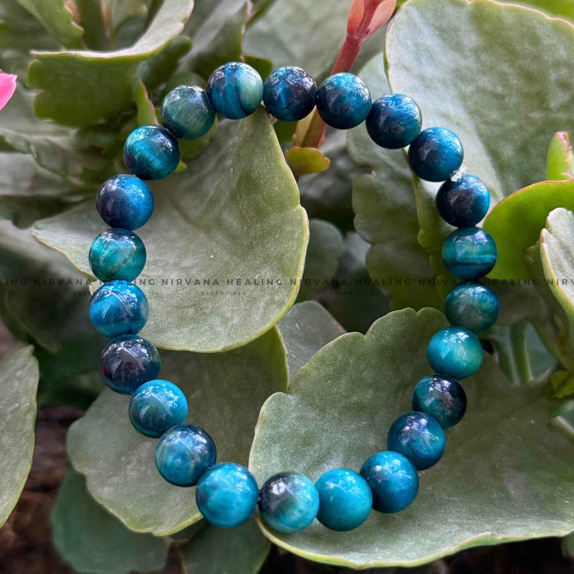 BLUE APATITE ROUND BEADED BRACELET (Goal Setting, Motivation, Manifestation, Communication). image 4