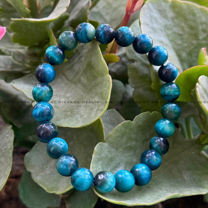 BLUE APATITE ROUND BEADED BRACELET (Goal Setting, Motivation, Manifestation, Communication). image 4