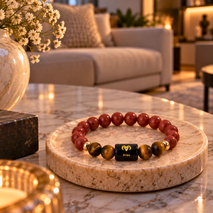 Aries Zodiac Crystal Bracelet - Red Jasper and Tiger's Eye