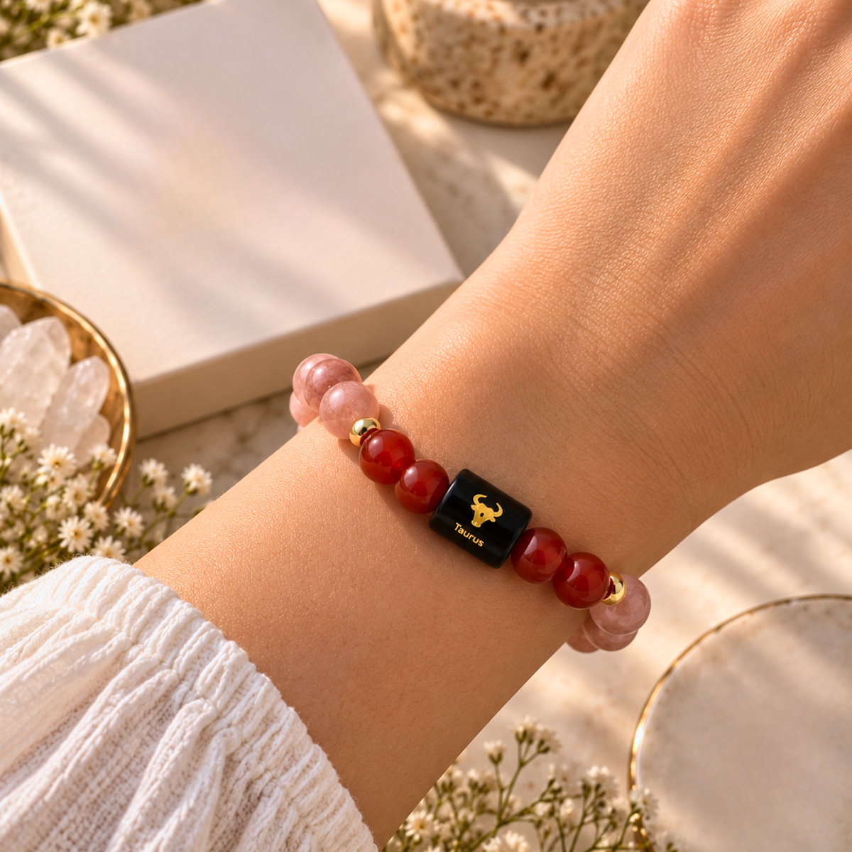 Taurus Zodiac Crystal Bracelet - Carnelian and Rose Quartz