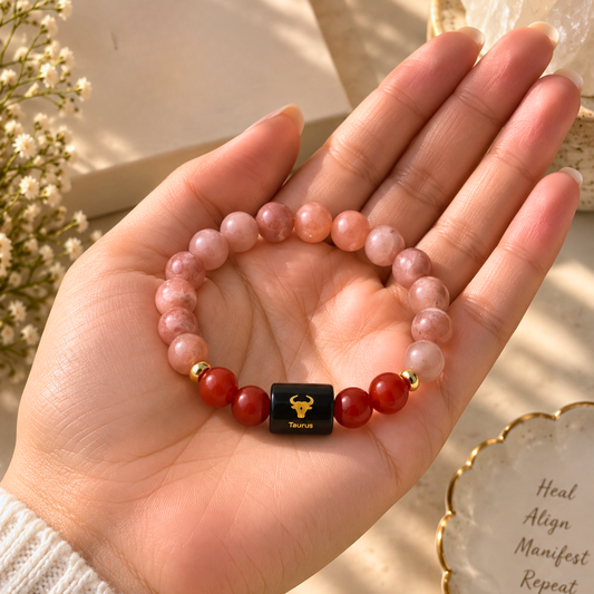 Taurus Zodiac Crystal Bracelet - Carnelian and Rose Quartz