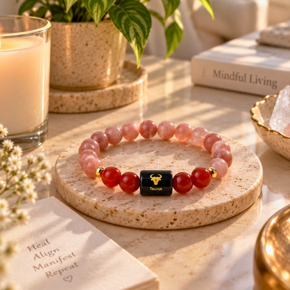 Taurus Zodiac Crystal Bracelet - Carnelian and Rose Quartz