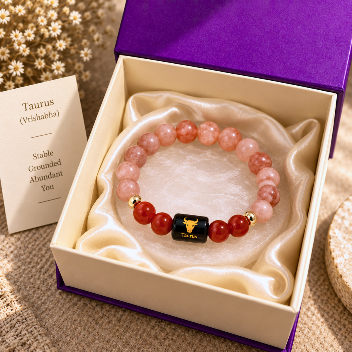Taurus Zodiac Crystal Bracelet - Carnelian and Rose Quartz