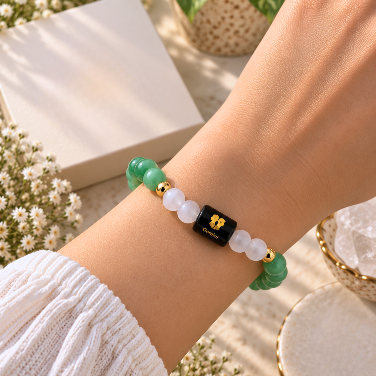 Gemini Zodiac Crystal Bracelet - Aventurine and Selenite