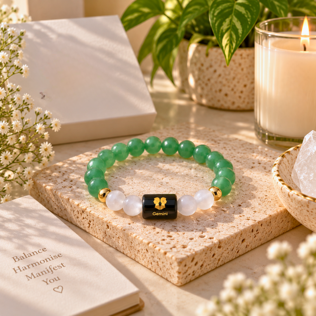 Gemini Zodiac Crystal Bracelet - Aventurine and Selenite
