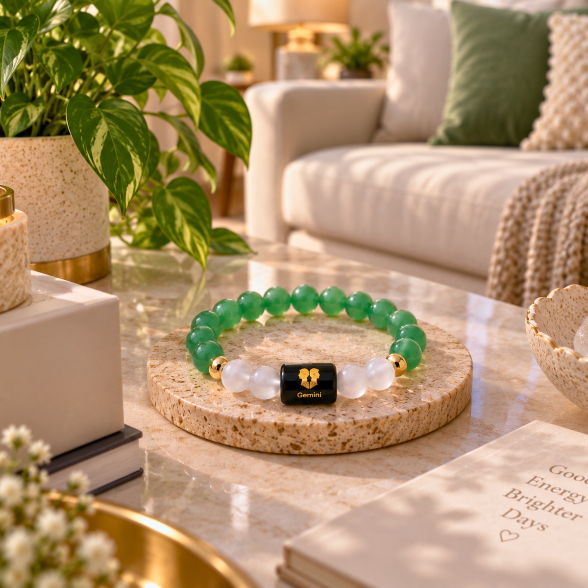 Gemini Zodiac Crystal Bracelet - Aventurine and Selenite
