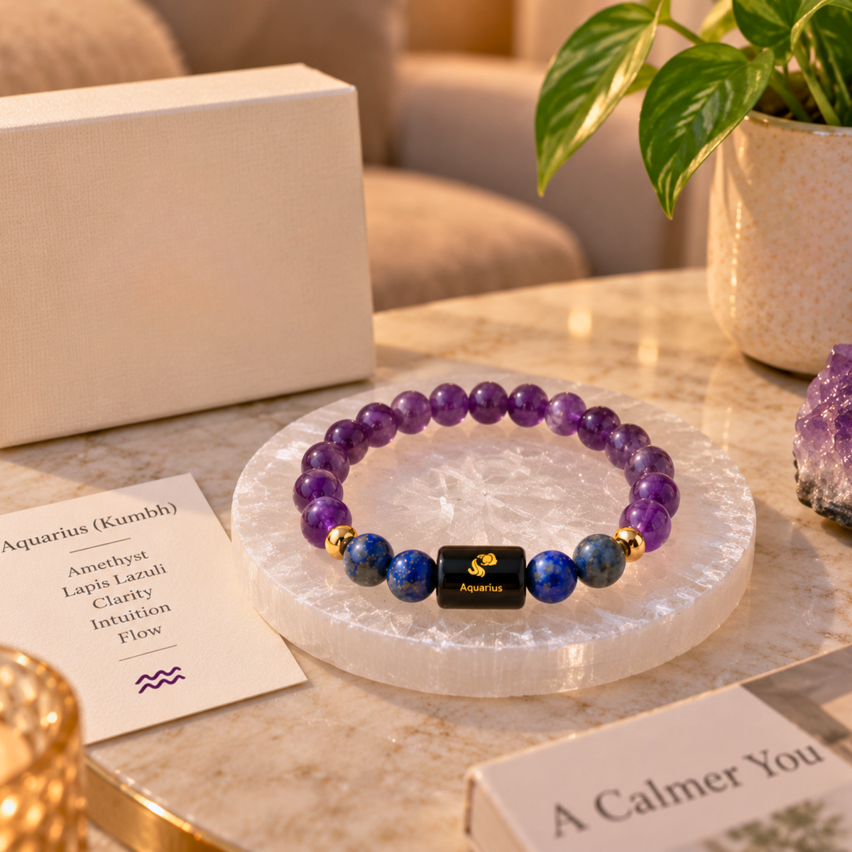 Aquarius Zodiac Crystal Bracelet - Amethyst and Lapis Lazuli