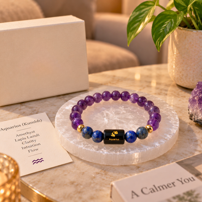 Aquarius Zodiac Crystal Bracelet - Amethyst and Lapis Lazuli