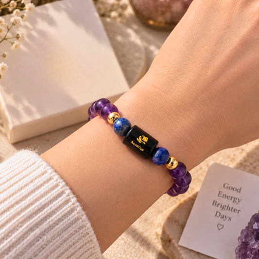 Aquarius Zodiac Crystal Bracelet - Amethyst and Lapis Lazuli
