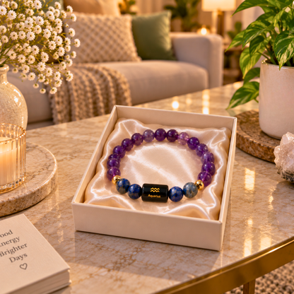 Aquarius Zodiac Crystal Bracelet - Amethyst and Lapis Lazuli