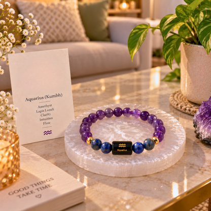 Aquarius Zodiac Crystal Bracelet - Amethyst and Lapis Lazuli