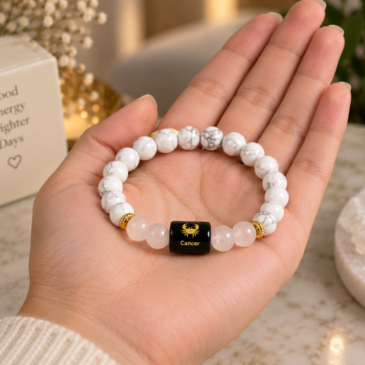 Cancer Zodiac Crystal Bracelet - Howlite and Rose Quartz