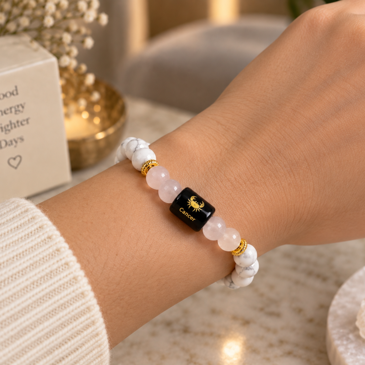 Cancer Zodiac Crystal Bracelet - Howlite and Rose Quartz