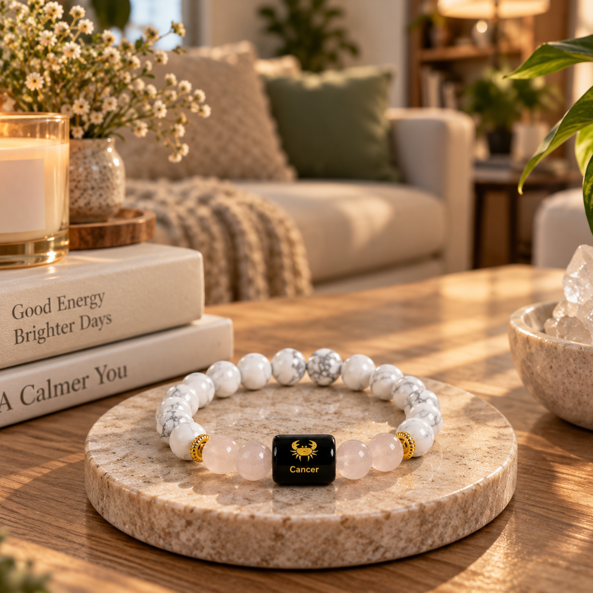 Cancer Zodiac Crystal Bracelet - Howlite and Rose Quartz