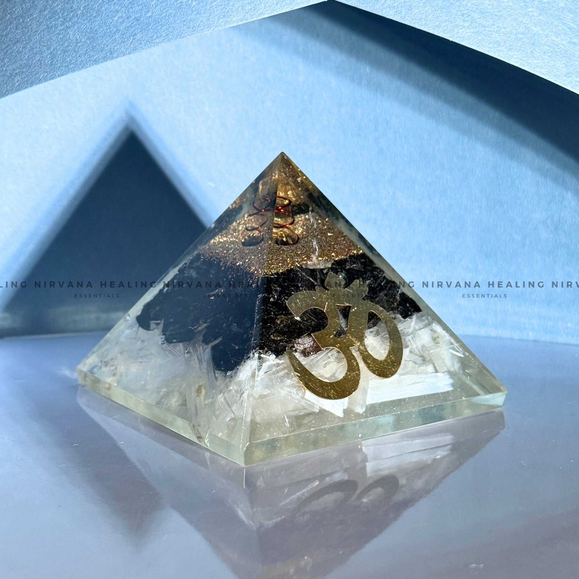 BLACK AGATE WITH CLEAR QUARTZ OM SYMBOL PYRAMID (Mental Clarity, Master Healer And Energy Amplifier).  image 1