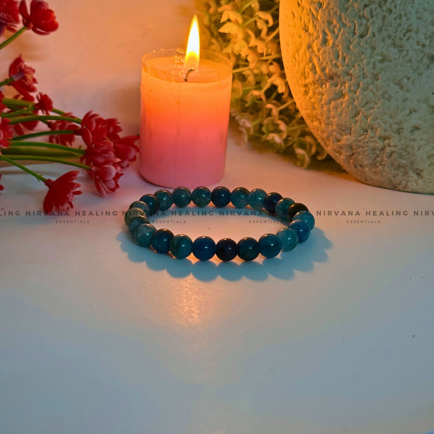 BLUE APATITE ROUND BEADED BRACELET (Goal Setting, Motivation, Manifestation, Communication). image 3