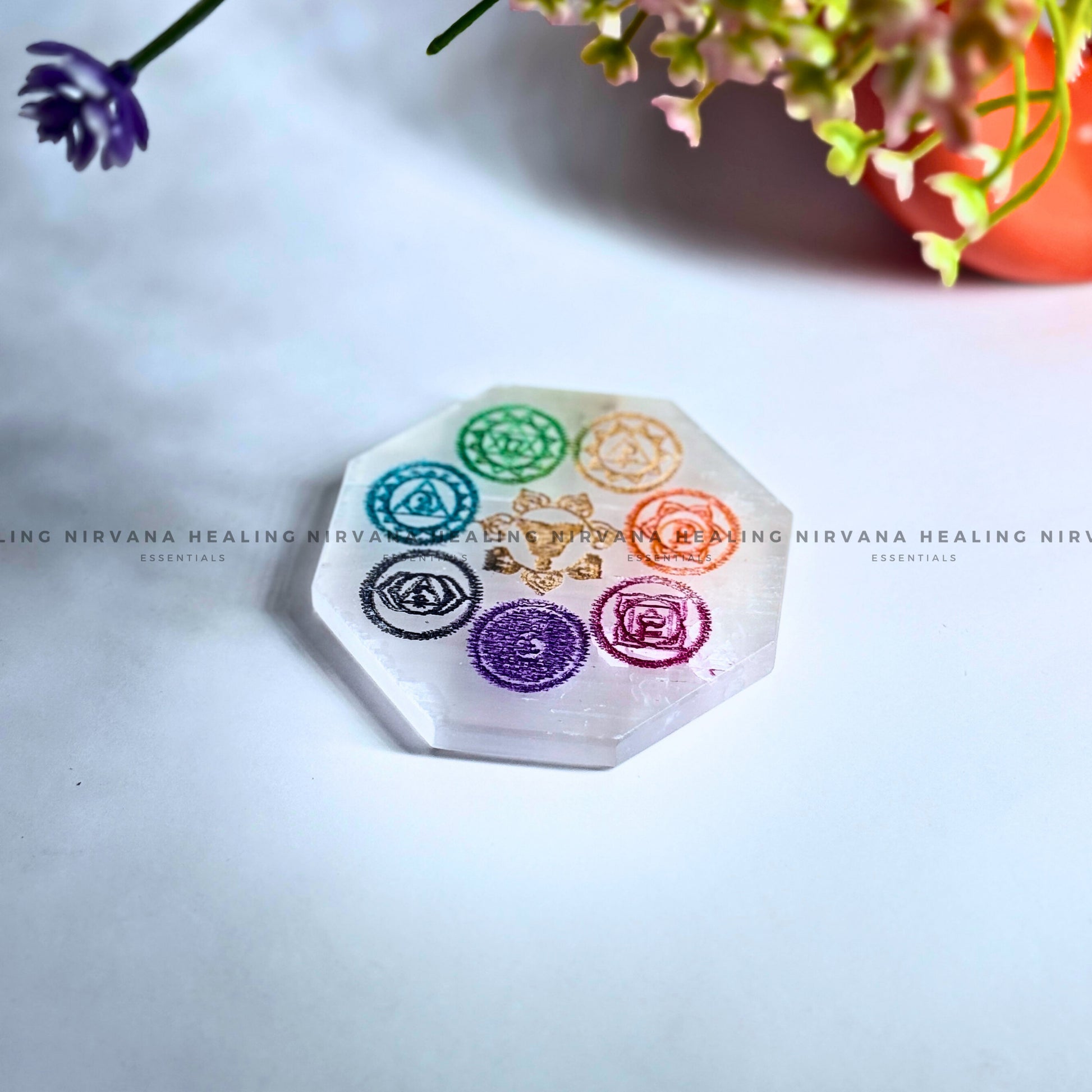 SELENITE SEVEN CHAKRA OCTAGON CHARGING PLATE (Aura Cleansing ,Charging, Cleansing And Purification). image 4