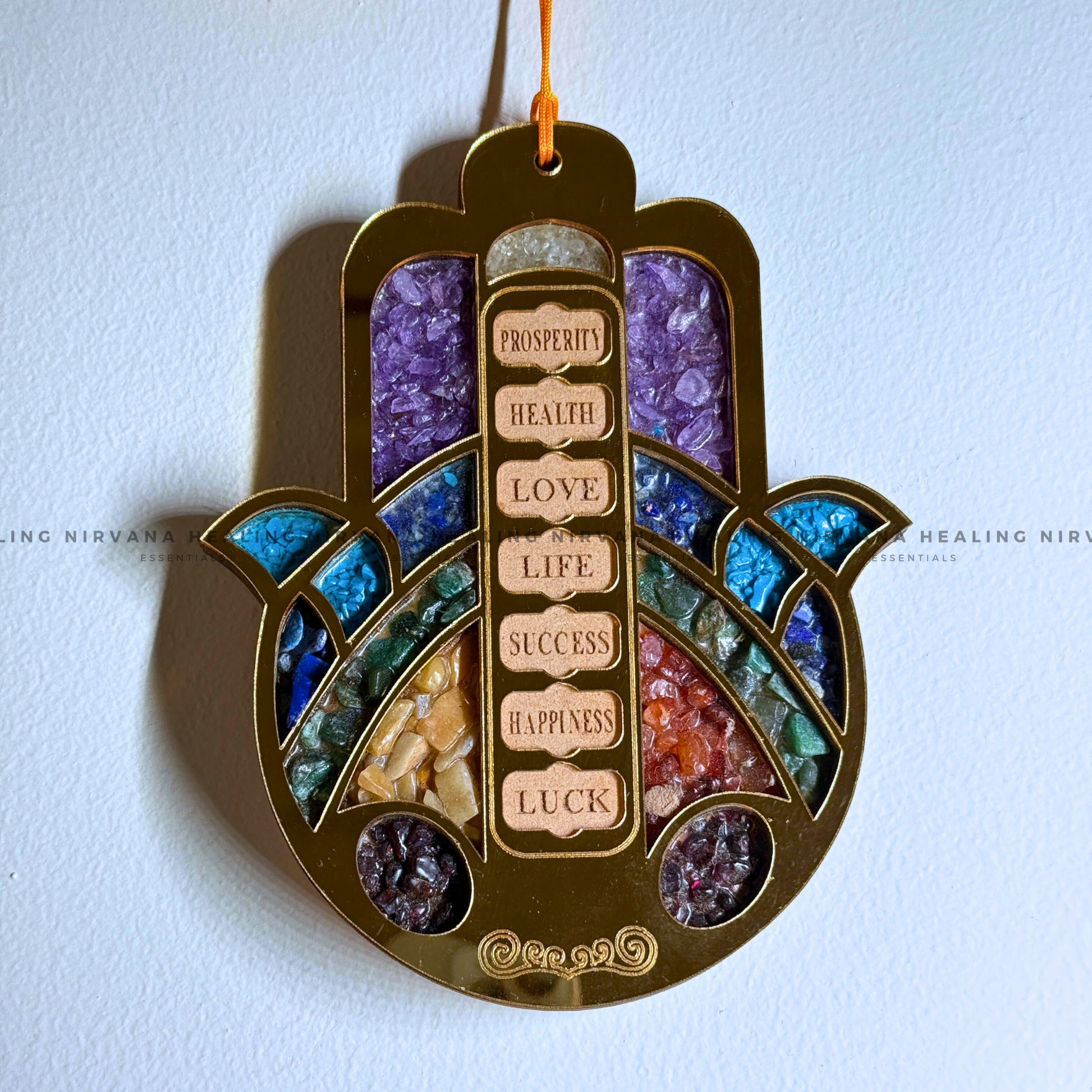 HAMSA HAND SEVEN CHAKRA HANGING WITH CRYSTAL CHIPS (Evil Eye Protection And Balance Energy) image 1