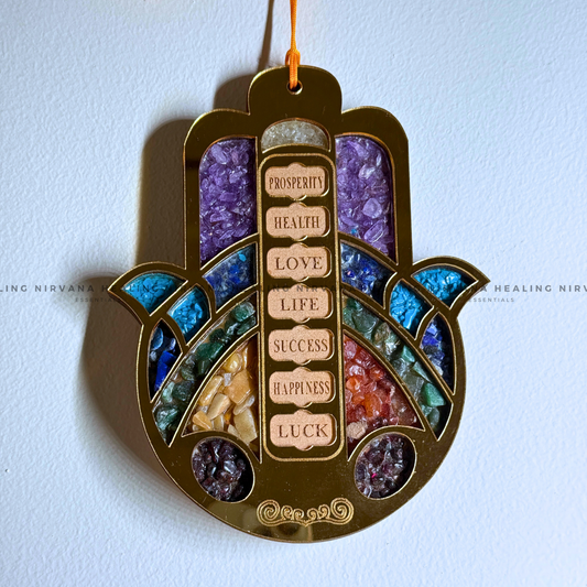 HAMSA HAND SEVEN CHAKRA HANGING WITH CRYSTAL CHIPS (Evil Eye Protection And Balance Energy) image 1