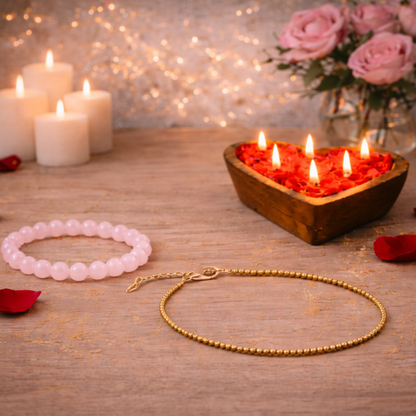ROSE QUARTZ ROUND BEADED BRACELET, PYRITE ANKLET AND HEARTFELT GLOW CANDLE GIFT COMBO image 1
