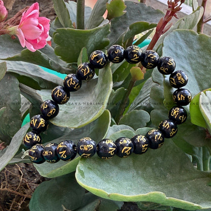 BLACK OM MANI PADME HUM ROUND BEADED BRACELET (Compassion, Protection, Spiritual Awakening) image 3