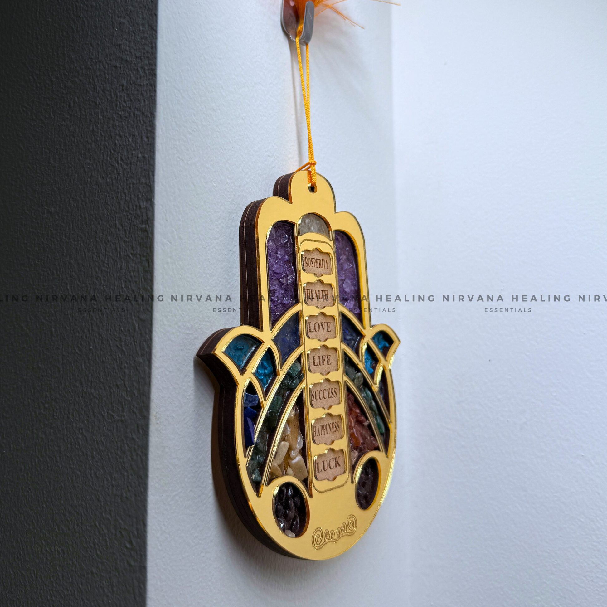 HAMSA HAND SEVEN CHAKRA HANGING WITH CRYSTAL CHIPS (Evil Eye Protection And Balance Energy) image 3