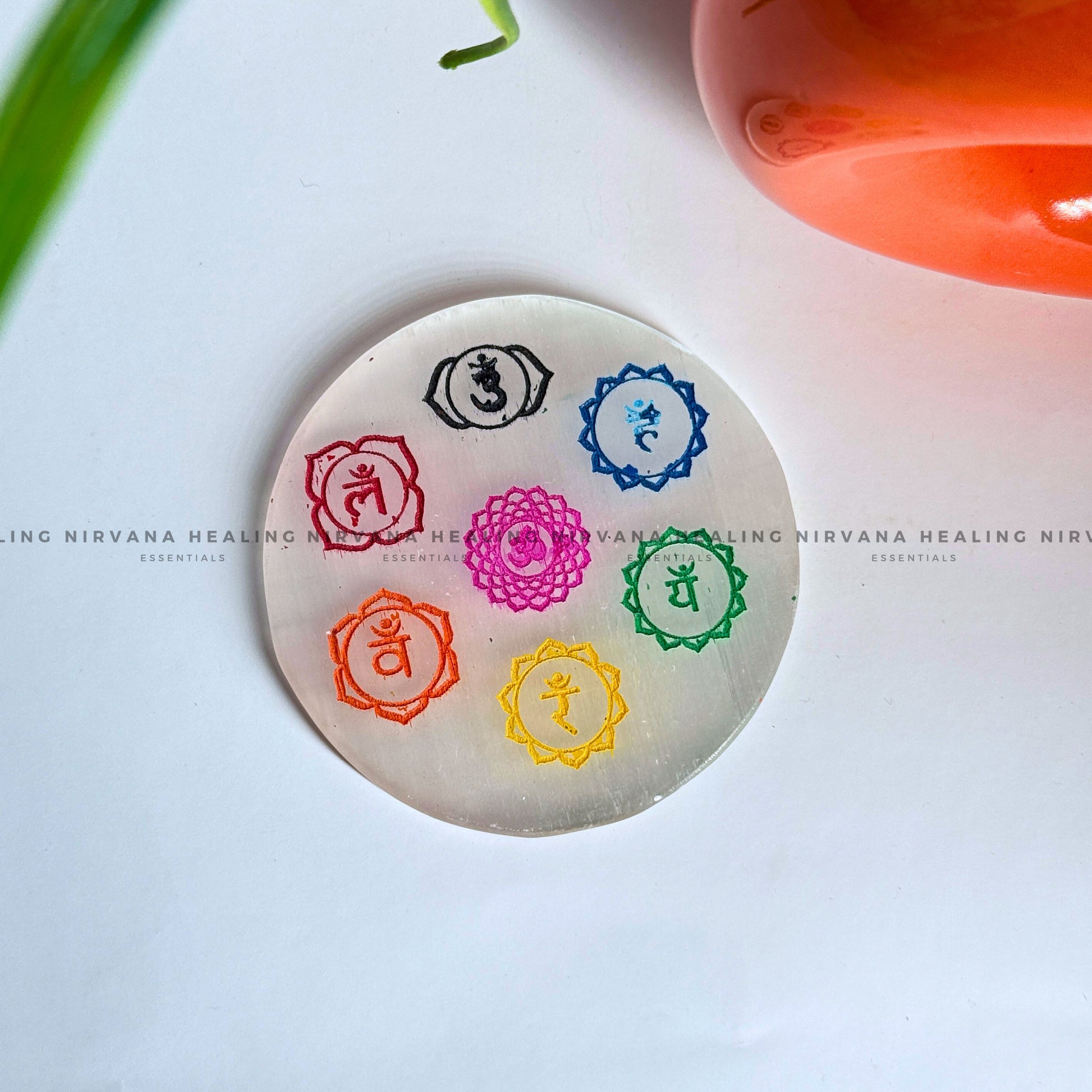 SELENITE CHAKRAS SYMBOL AND MANTRA CHARGING PLATE (Aura Cleansing ,Charging, Cleansing And Purification). image 2