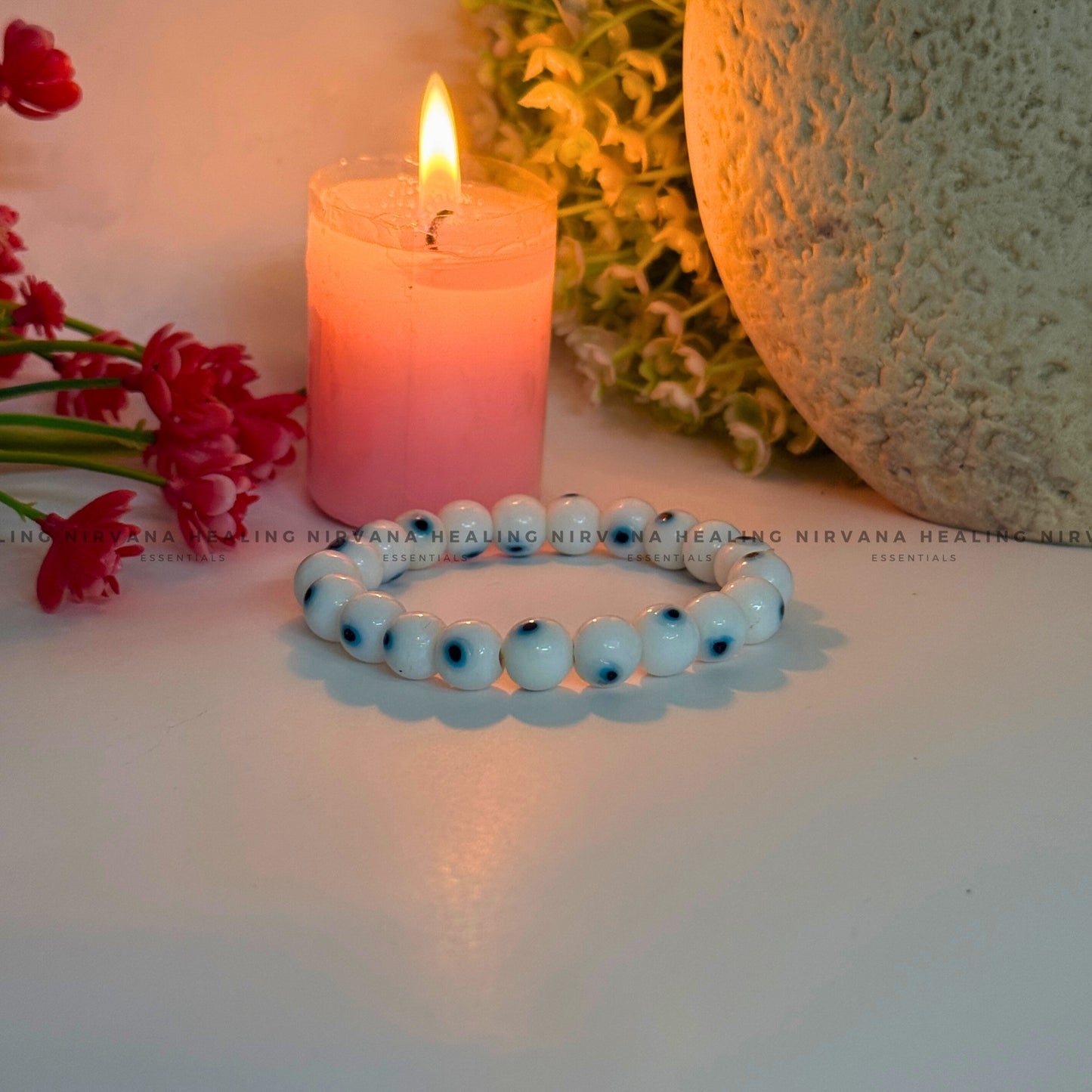 WHITE EVIL EYE ROUND BEADED BRACELET (Purity, Protection And New Beginnings) image 2