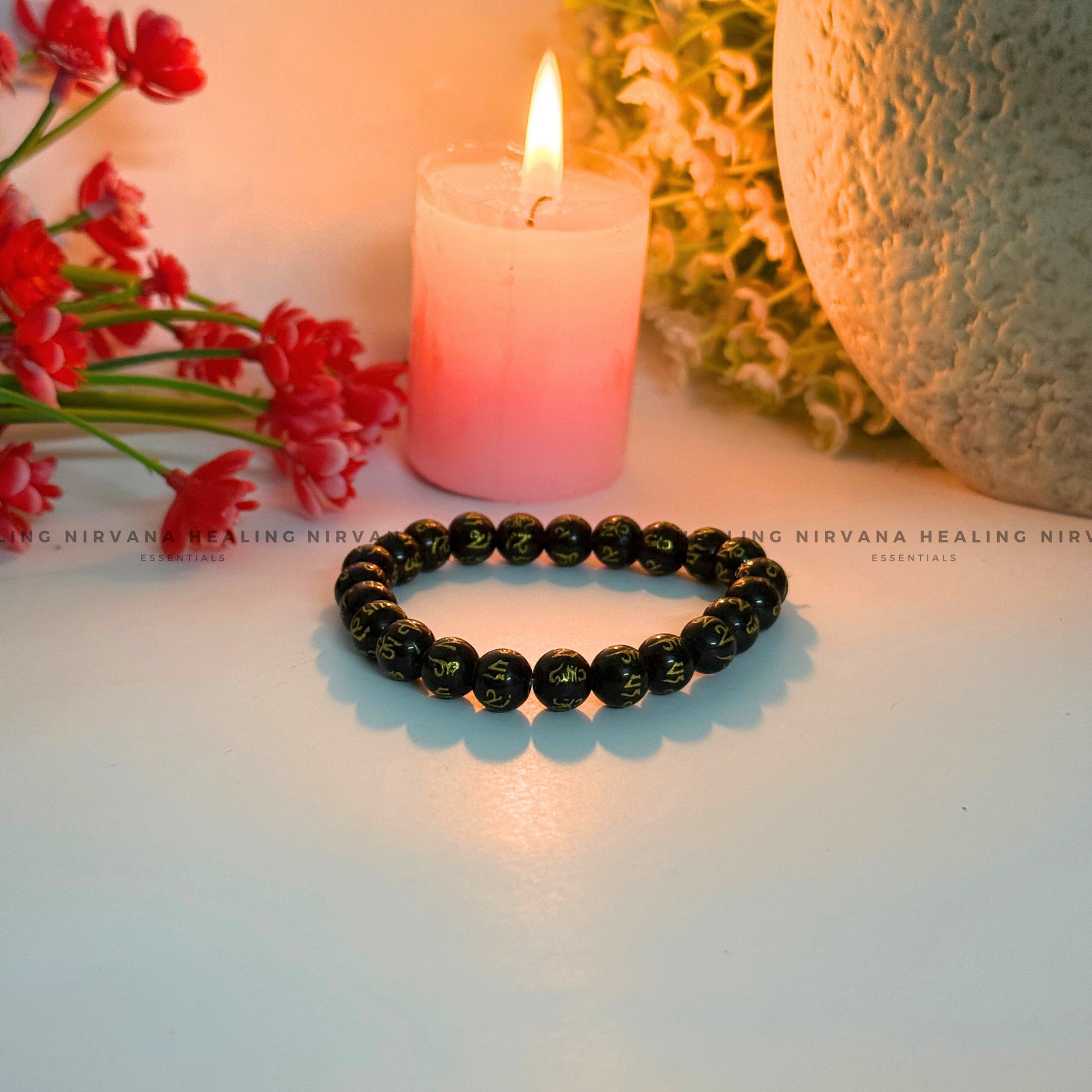 BLACK OM MANI PADME HUM ROUND BEADED BRACELET (Compassion, Protection, Spiritual Awakening) image 4